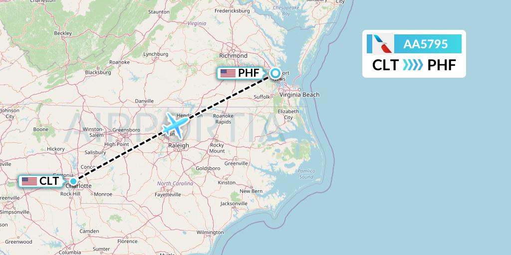 AA5795 American Airlines Flight Map: Charlotte to Newport News