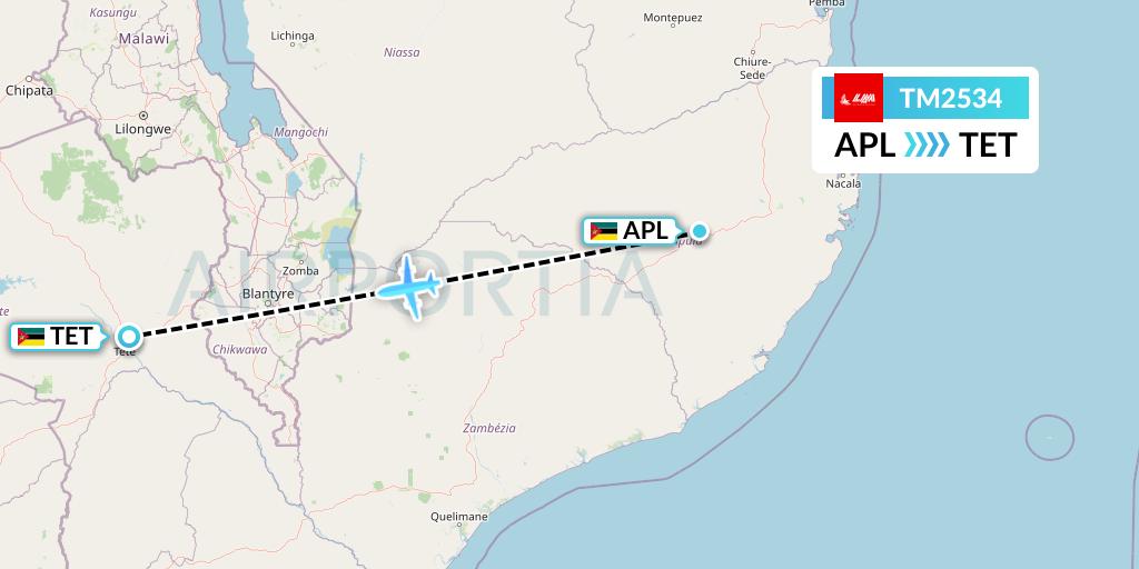 TM2534 LAM Mozambique Airlines Flight Map: Nampula to Tete