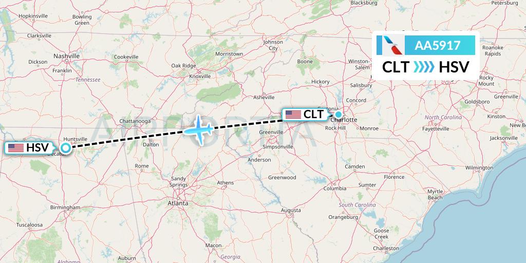 AA5917 American Airlines Flight Map: Charlotte to Huntsville
