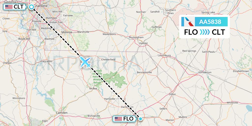 AA5838 American Airlines Flight Map: Florence to Charlotte