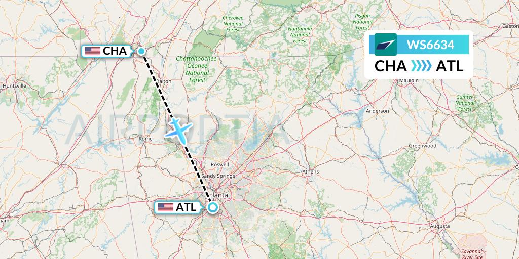 WS6634 WestJet Flight Map: Chattanooga to Atlanta