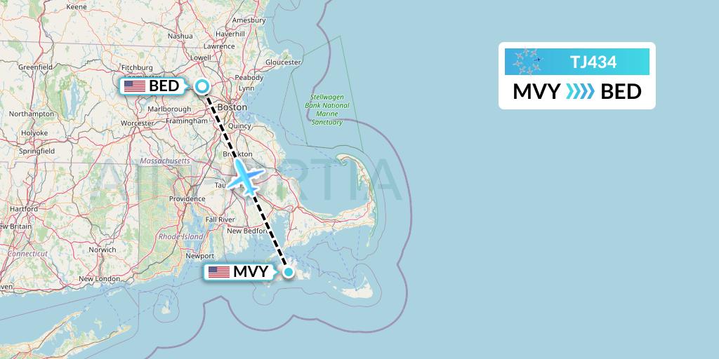 TJ434 Tradewind Aviation Flight Map: Martha's Vineyard to Bedford