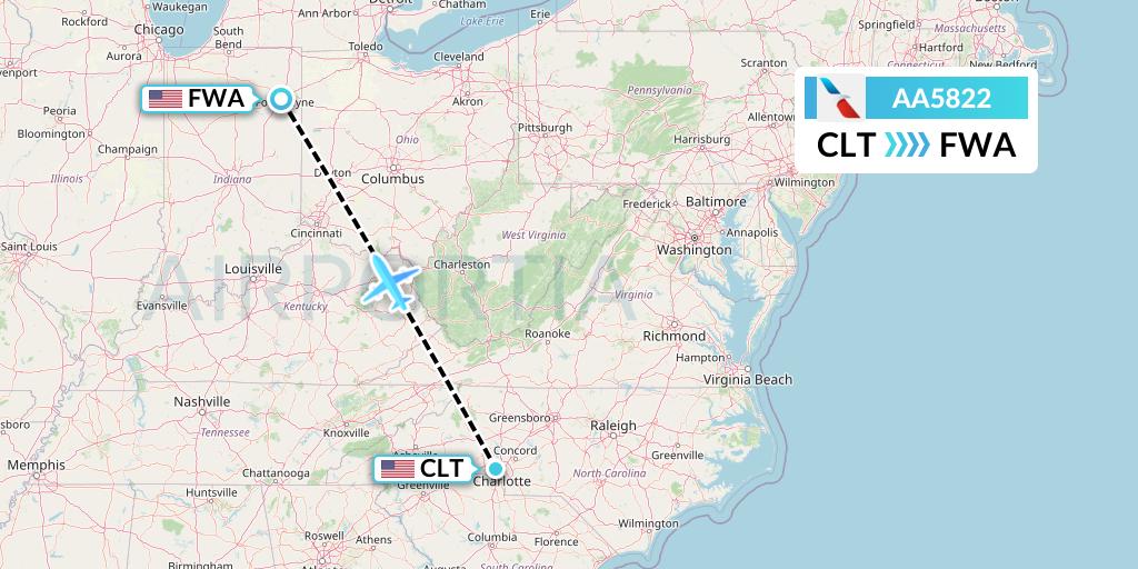 AA5822 American Airlines Flight Map: Charlotte to Fort Wayne