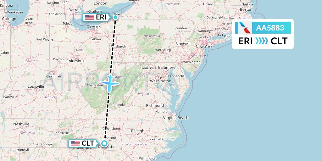 AA5883 American Airlines Flight Map: Erie to Charlotte
