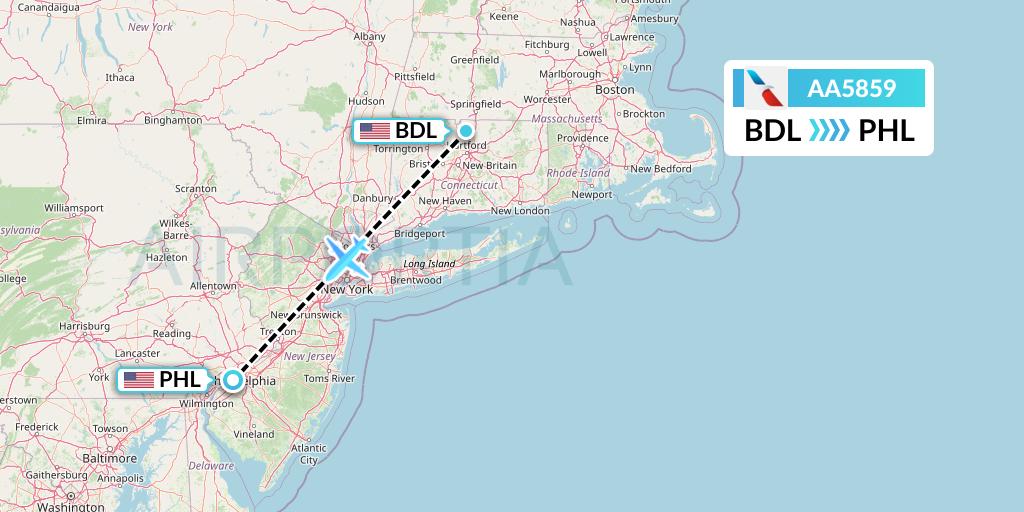 AA5859 American Airlines Flight Map: Windsor Locks to Philadelphia
