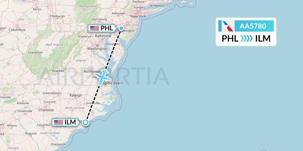 AA5780 American Airlines Flight Map: Philadelphia to Wilmington