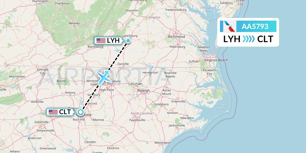 AA5793 American Airlines Flight Map: Lynchburg to Charlotte