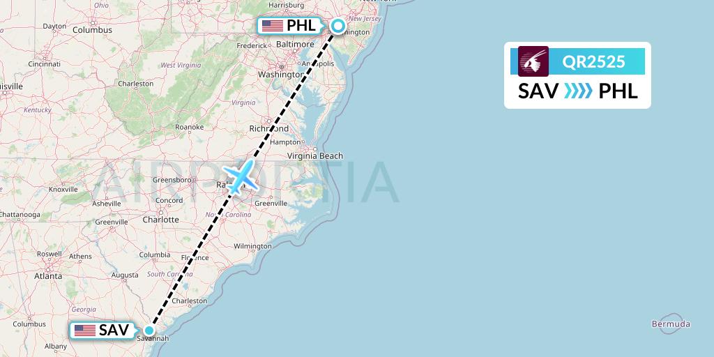 QR2525 Qatar Airways Flight Map: Savannah to Philadelphia