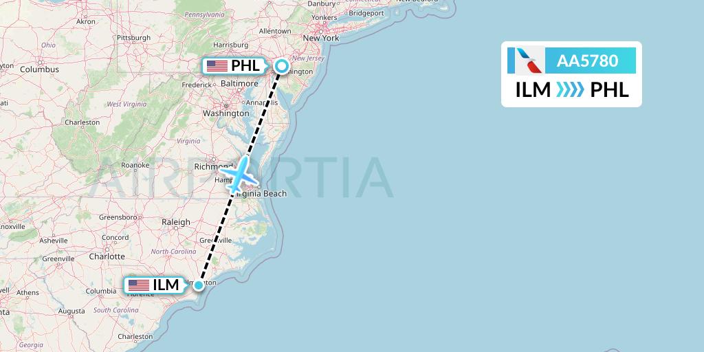 AA5780 American Airlines Flight Map: Wilmington to Philadelphia