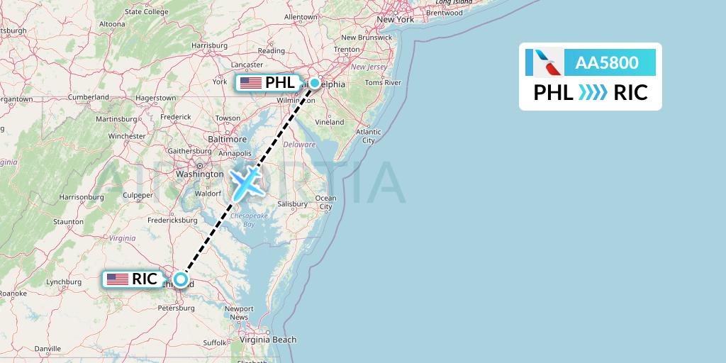 AA5800 American Airlines Flight Map: Philadelphia to Richmond