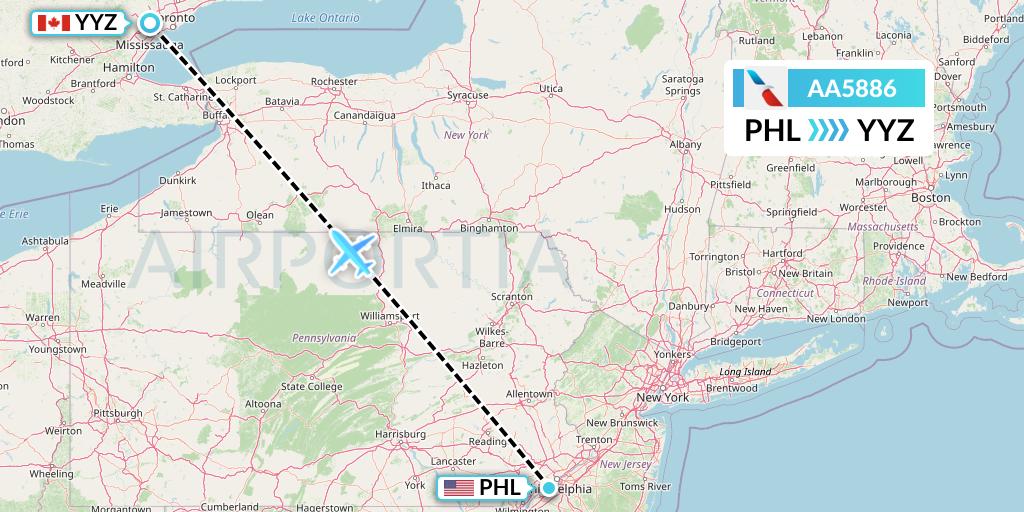 AA5886 American Airlines Flight Map: Philadelphia to Toronto