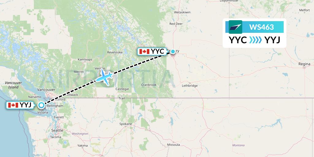 WS463 WestJet Flight Map: Calgary to Victoria