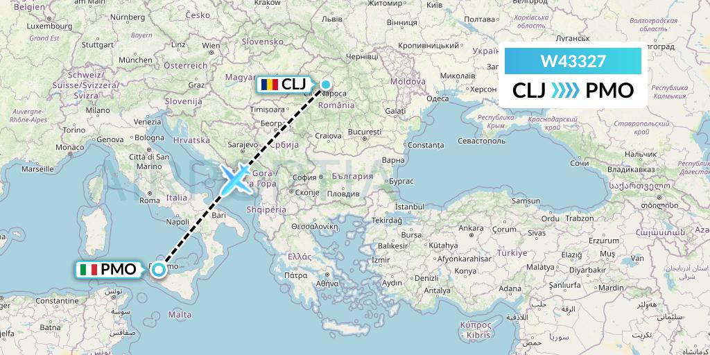W43327 Wizz Air Malta Flight Map: Cluj-Napoca to Palermo