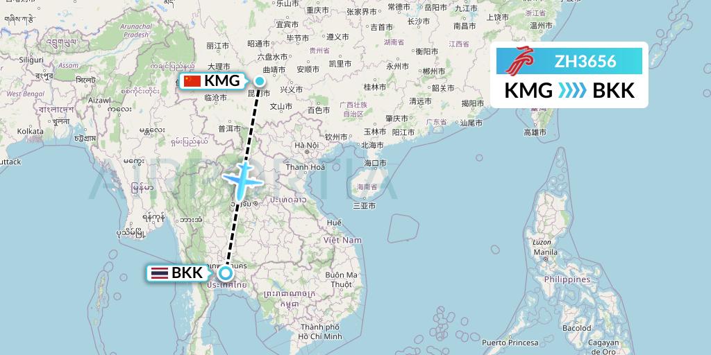 ZH3656 Shenzhen Airlines Flight Map: Kunming to Bangkok