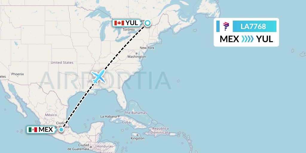 LA7768 LAN Airlines Flight Map: Mexico City to Montreal