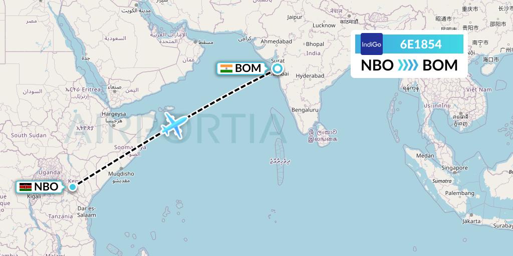 6E1854 IndiGo Airlines Flight Map: Nairobi to Mumbai
