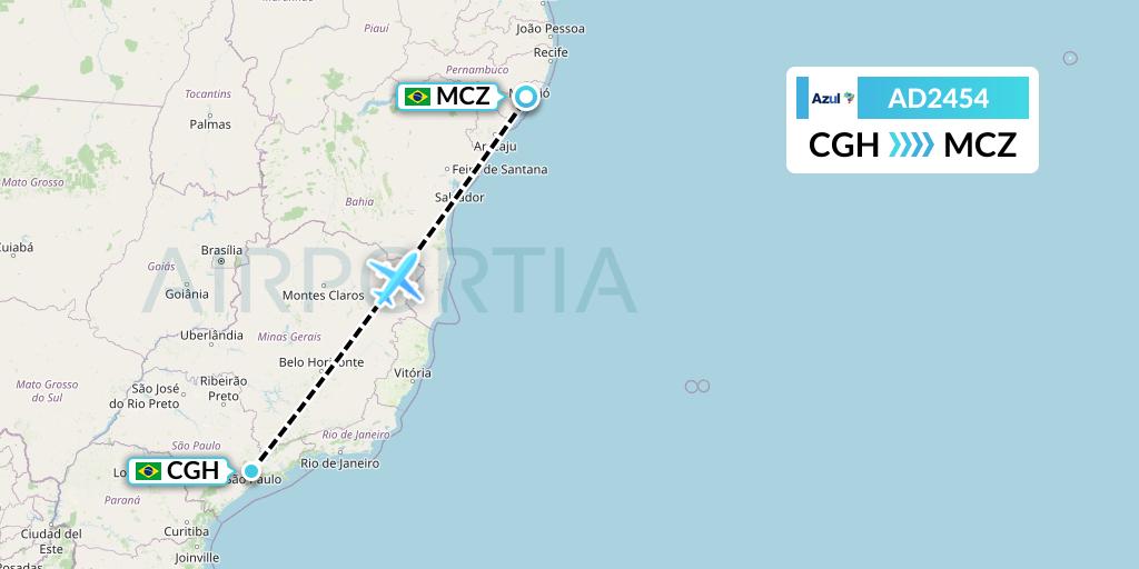 AD2454 Azul Brazilian Airlines Flight Map: Sao Paulo to Maceio