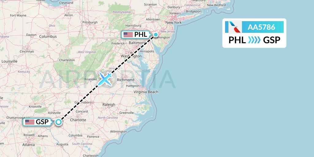 AA5786 American Airlines Flight Map: Philadelphia to Greenville-Spartanburg