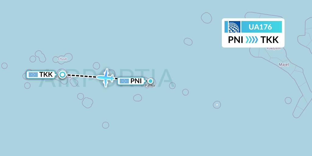 UA176 United Airlines Flight Map: Pohnpei to Chuuk
