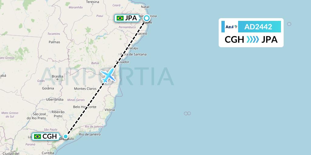 AD2442 Azul Brazilian Airlines Flight Map: Sao Paulo to Joao Pessoa