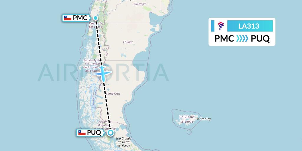 LA313 LAN Airlines Flight Map: Puerto Montt to Punta Arenas