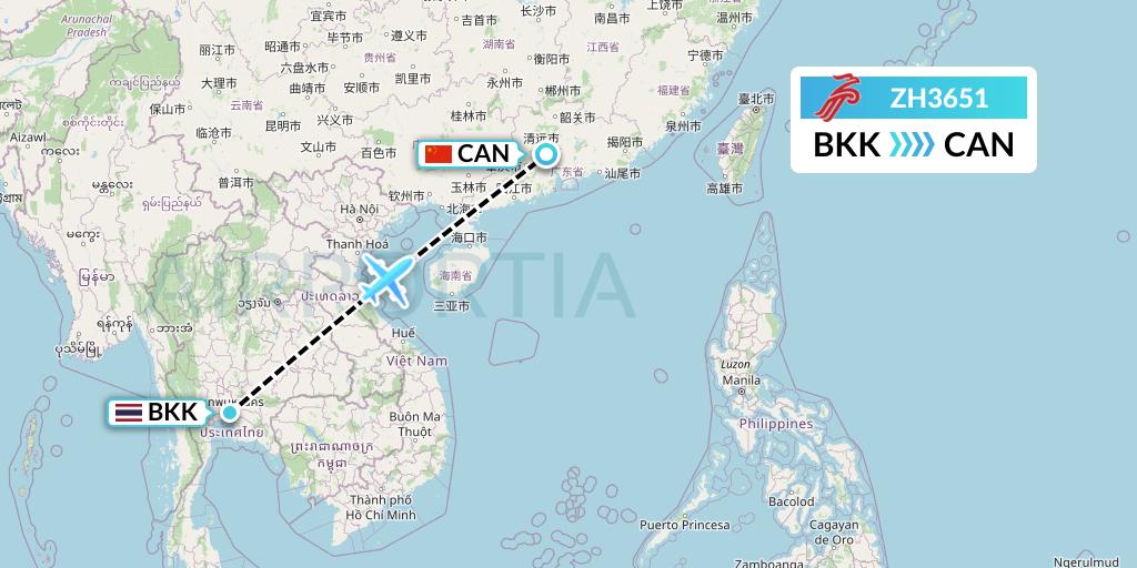 ZH3651 Shenzhen Airlines Flight Map: Bangkok to Guangzhou