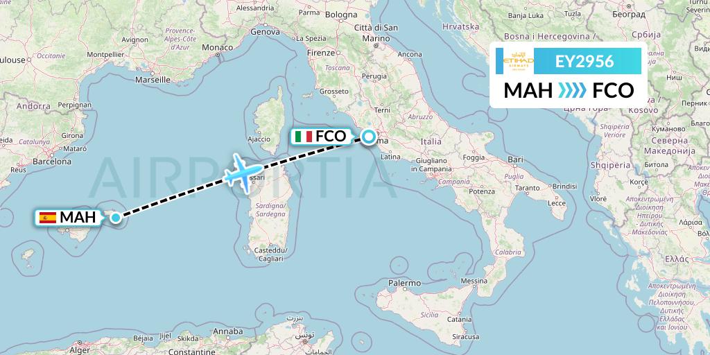 EY2956 Etihad Airways Flight Map: Mahon to Rome