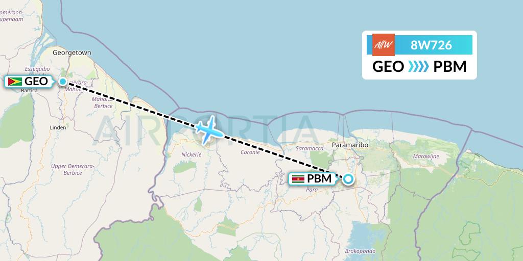 8W726 Fly AllWays Flight Map: Georgetown to Paramaribo
