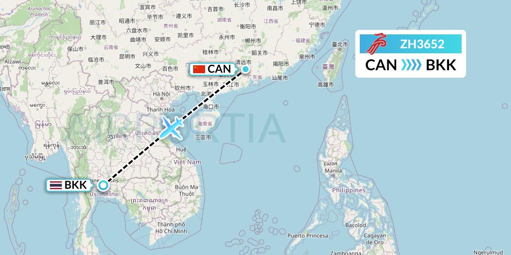 ZH3652 Shenzhen Airlines Flight Map: Guangzhou to Bangkok