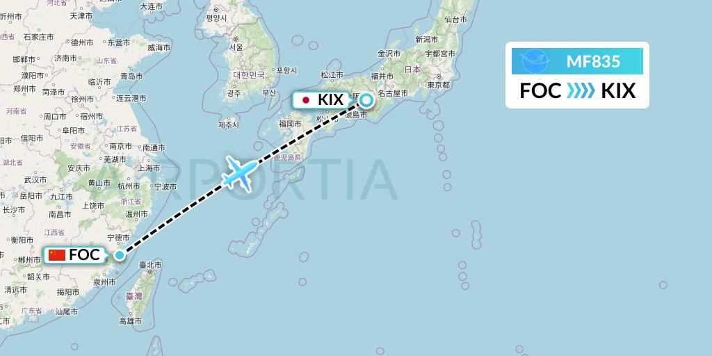 MF835 Xiamen Airlines Flight Map: Fuzhou to Osaka