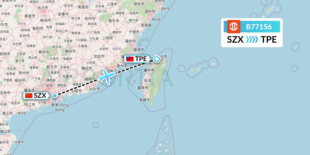 B77156 UNI Air Flight Map: Shenzhen to Taipei