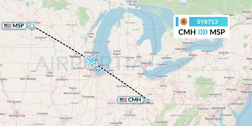 SY8713 Sun Country Airlines Flight Map: Columbus to Minneapolis