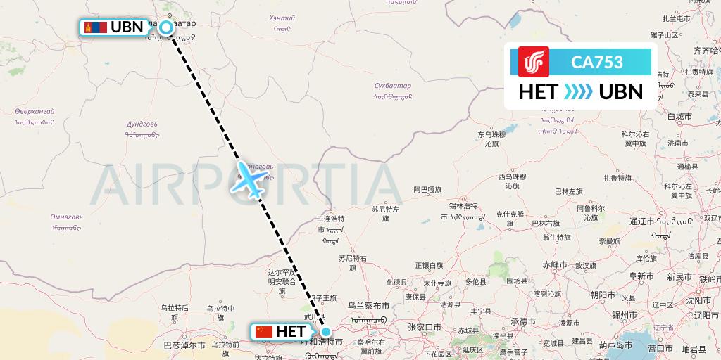 CA753 Air China Flight Map: Hohhot to Ulan Bator