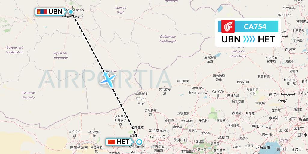 CA754 Air China Flight Map: Ulan Bator to Hohhot