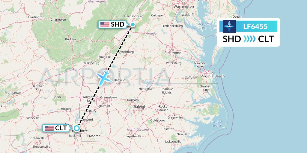 LF6455 Corporate Flight Management Flight Map: Staunton to Charlotte