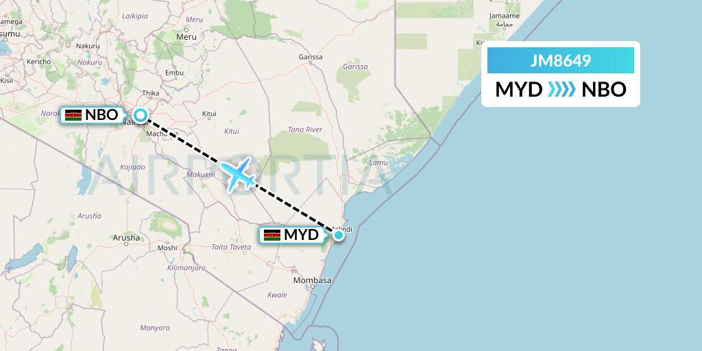 JM8649 Jambojet Limited Flight Map: Malindi to Nairobi