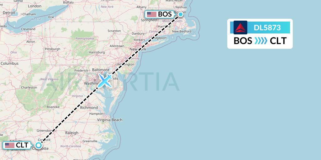 DL5873 Delta Air Lines Flight Map: Boston to Charlotte