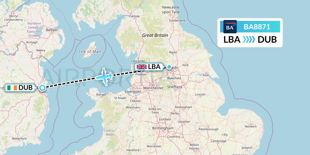 BA8871 British Airways Flight Map: Leeds to Dublin
