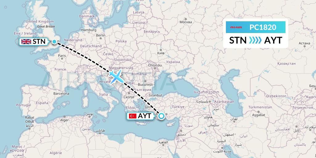 PC1820 Pegasus Airlines Flight Map: London to Antalya