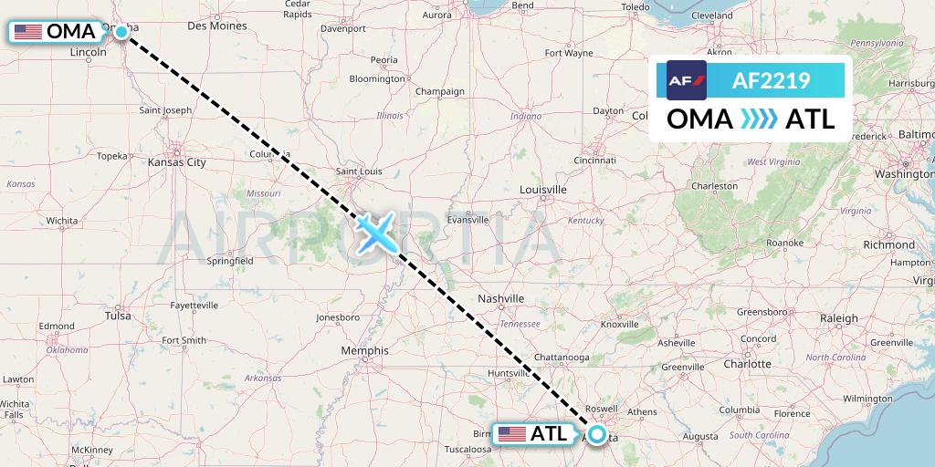 AF2219 Air France Flight Map: Omaha to Atlanta