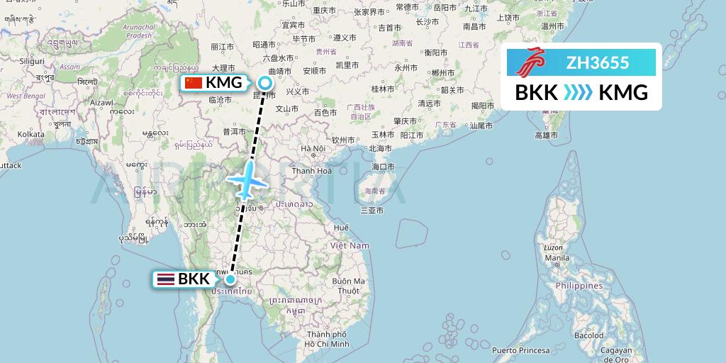 ZH3655 Shenzhen Airlines Flight Map: Bangkok to Kunming