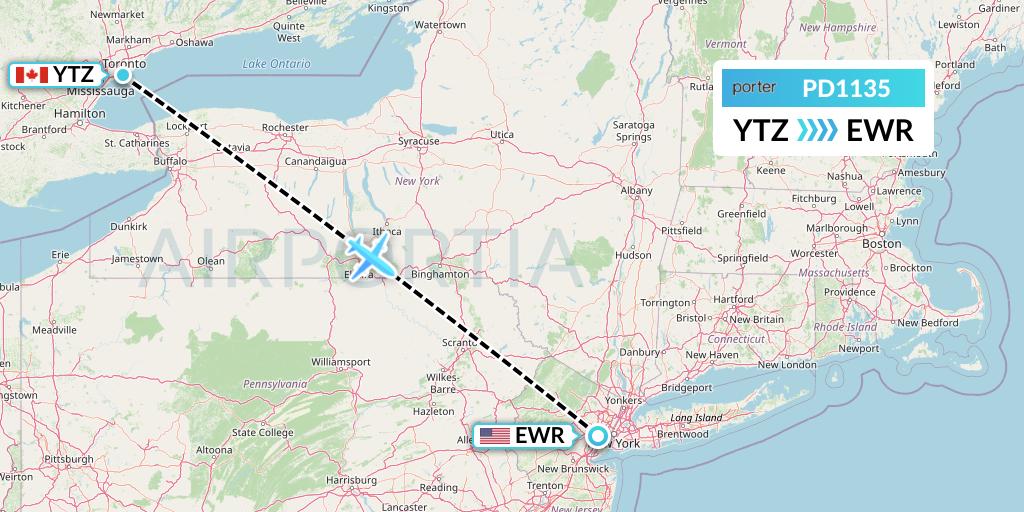 PD1135 Porter Airlines Flight Map: Toronto to New York