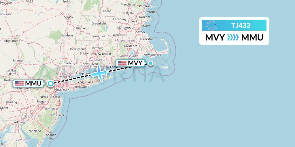 TJ433 Tradewind Aviation Flight Map: Martha's Vineyard to Morristown