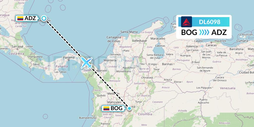 DL6098 Delta Air Lines Flight Map: Bogota to San Andres Island