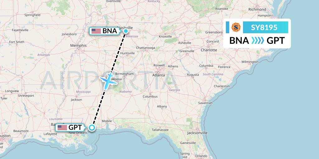 SY8195 Sun Country Airlines Flight Map: Nashville to Gulfport