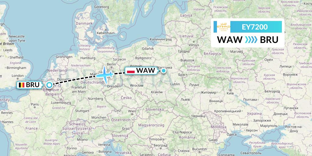 EY7200 Etihad Airways Flight Map: Warsaw to Brussels