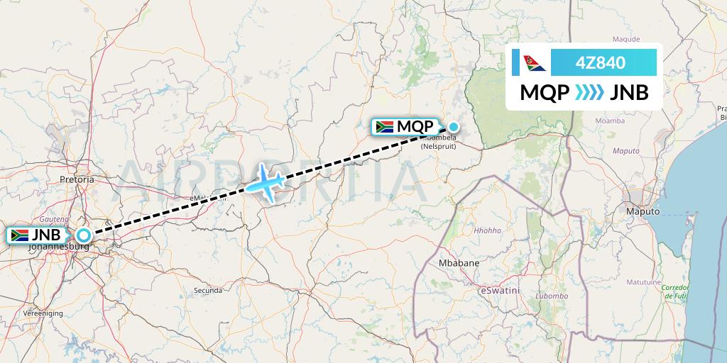 4Z840 Airlink Flight Map: Nelspruit to Johannesburg