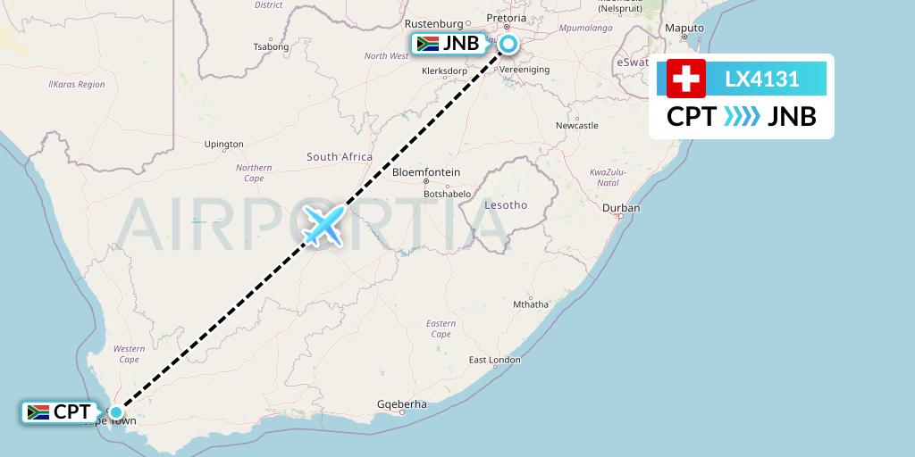 LX4131 Swiss Flight Map: Cape Town to Johannesburg