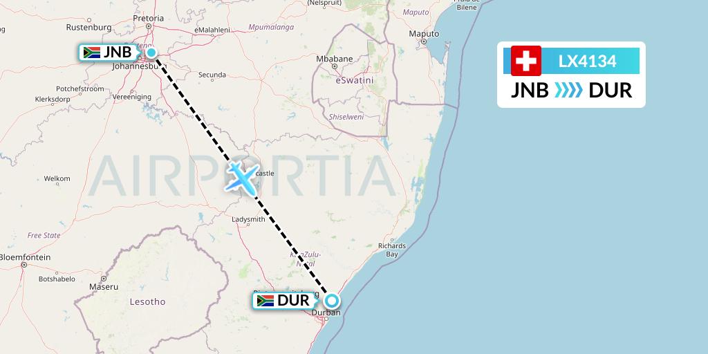 LX4134 Swiss Flight Map: Johannesburg to Durban