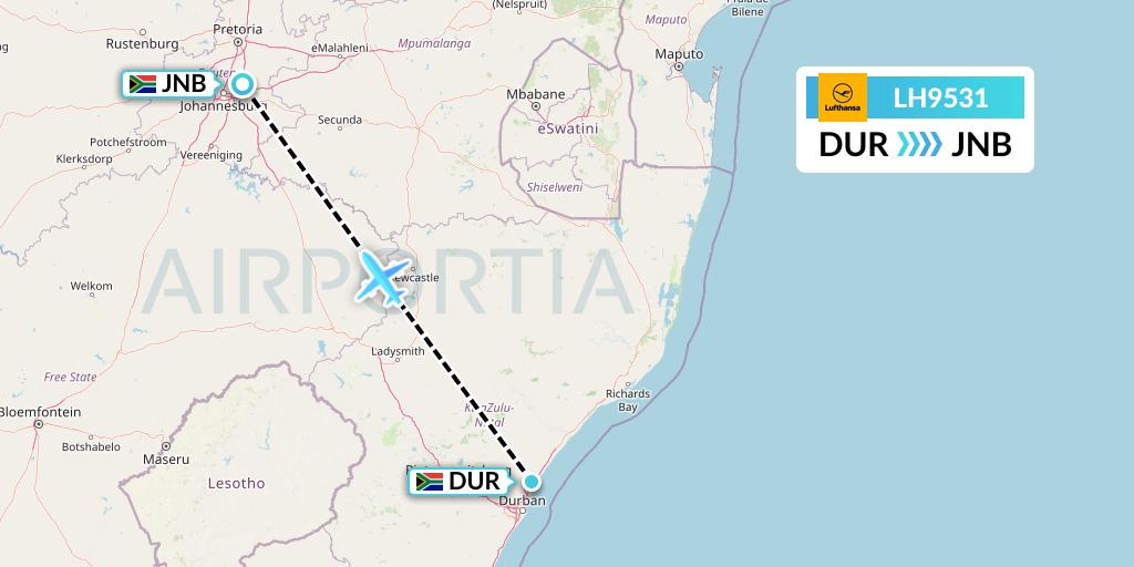 LH9531 Lufthansa Flight Map: Durban to Johannesburg